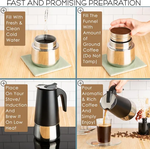 Vista 5 de Mixpresso Cafetera Espresso Greca Negra para Estufa de 6 Tazas 300ml/10oz, Olla Moka con Diseño de Percolador de Café, Cafetera de Acero Inoxidable