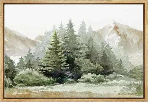 Vista 36 de wall26 Lienzo enmarcado de arte de pared, acuarela en tonos pastel, pino, árbol, bosque, lago, naturaleza, ilustraciones de área silvestre, arte