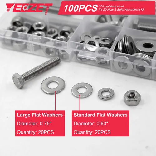 Vista 5 de 100 tornillos y tuercas de cabeza hexagonal de acero inoxidable de 1/4-20x1, 1-1/2", 2", 2-1/2", 3", tornillos y tuercas planos y arandelas