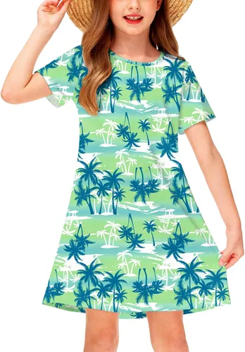 Vista 20 de Deerose Kids Summer Short Sleeve Dresses Hawaiian Tshirt Sundress 3-14 Years Coconut trees