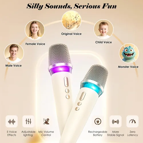 Vista 4 de Máquina de karaoke con 2 micrófonos inalámbricos y envoltura de cuero suave Mini altavoz Bluetooth portátil con 5 modos de cambio de voz