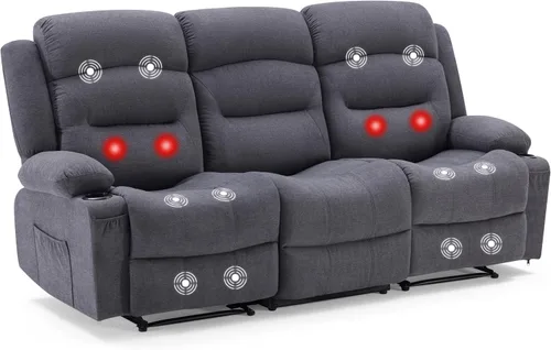 Vista 4 de Sofá reclinable extragrande con calor y masaje, sofá reclinable RV grande de 3 plazas para sala de estar, sofá reclinable de pared con portavasos