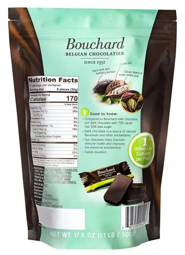Vista 2 de Bouchard Probióticos Belga Chocolate Oscuro 72% Cacao (1.1 LB / 500 G)