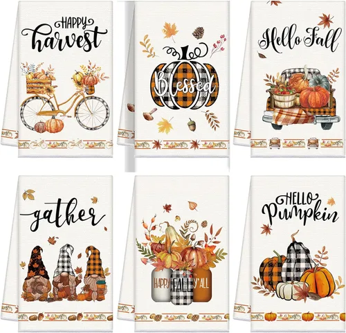 Vista 13 de Ganeen Juego de 6 toallas de mano de Acción de Gracias con texto en inglés «Hello Fall» en blanco y negro, vintage, calabaza, camión, motero