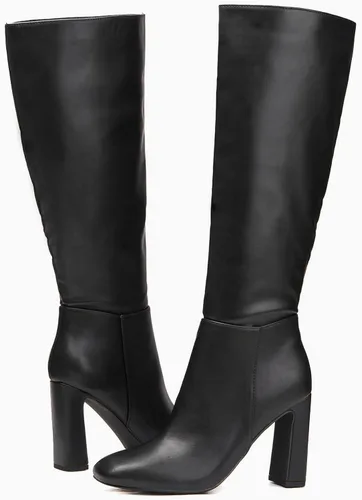 Vista 6 de Coutgo Botas altas de tacón grueso para mujer, botas altas clásicas de cuero con punta cuadrada con cremallera