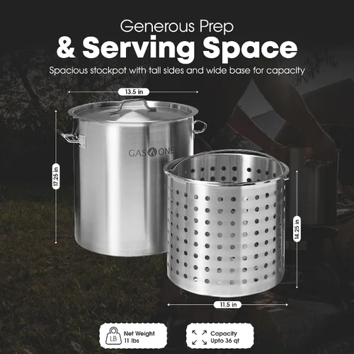 Vista 4 de GasOne Olla de acero inoxidable con cesta, olla de 36 cuartos de galón con tapa y parte inferior reforzada, olla de cocina resistente para freír