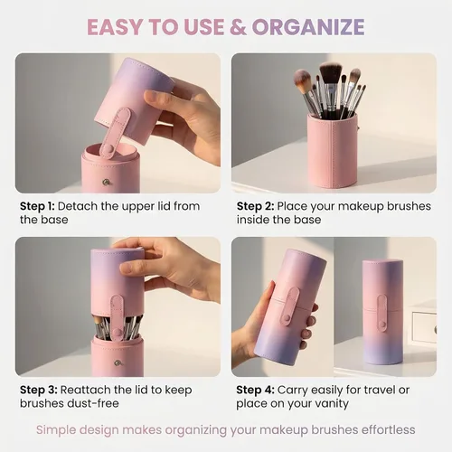 Vista 5 de VASANA Organizador de brochas de maquillaje de piel sintética rosa con tapa, herramientas de maquillaje portátiles, estuche organizador de gran