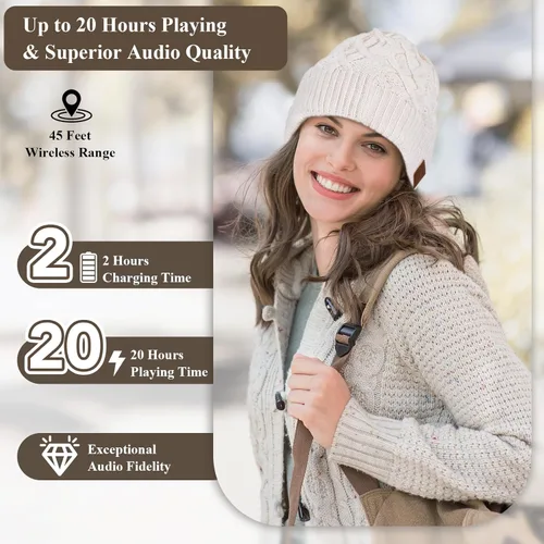 Vista 5 de ASIILOVI gorro con Bluetooth 5.0, inalámbrico, de punto, gorro de invierno con micrófono incorporado desmontable, con altavoces estéreo HD