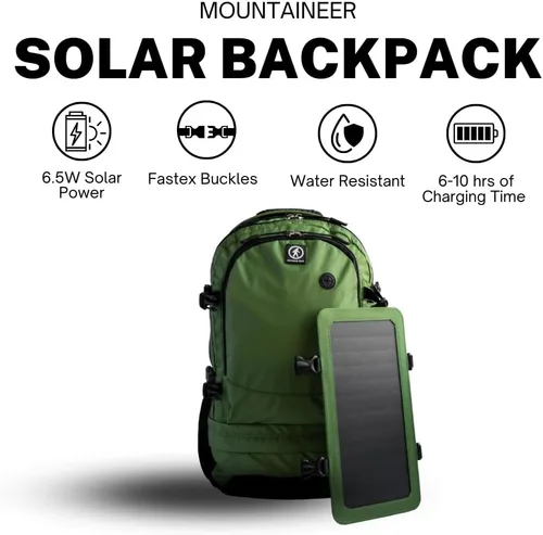 Vista 3 de Outdoor Tech - Mochila solar Mountaineer - Mochila resistente para exteriores de 40L con panel solar flexible y desmontable de 6.5 W para cargar