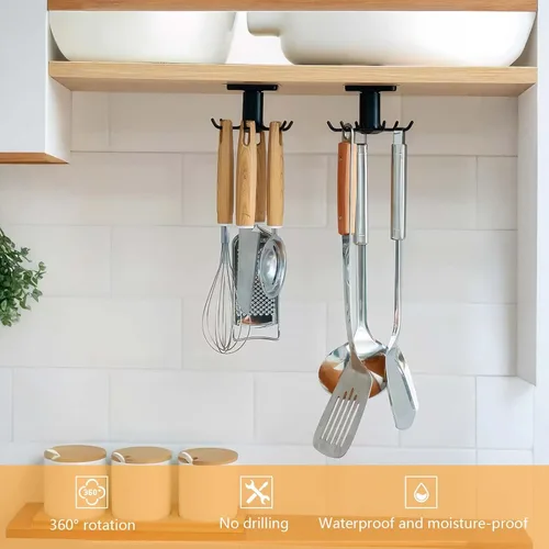 Vista 4 de 2 ganchos para debajo del gabinete para utensilios de cocina, ganchos giratorios de 360°, estante adhesivo de almacenamiento de cocina que ahorra