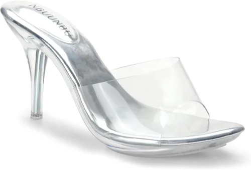 Vista 4 de NBUUNBU Tacones transparentes plateados para mujer, zapatos de vestir con correa transparente, tacones Stilletos atractivos, puntera abierta
