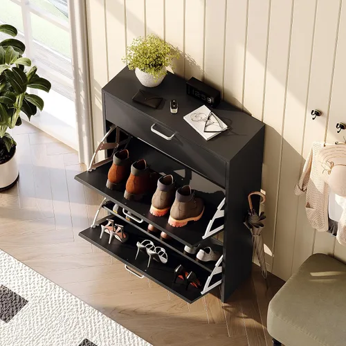 Vista 9 de VINGLI - Armario de zapatos para entrada con 2 cajones abatibles y 1 desplegable 24.8" W Narrow Slim,Modern Black Color,Holds 8–12 Pairs of