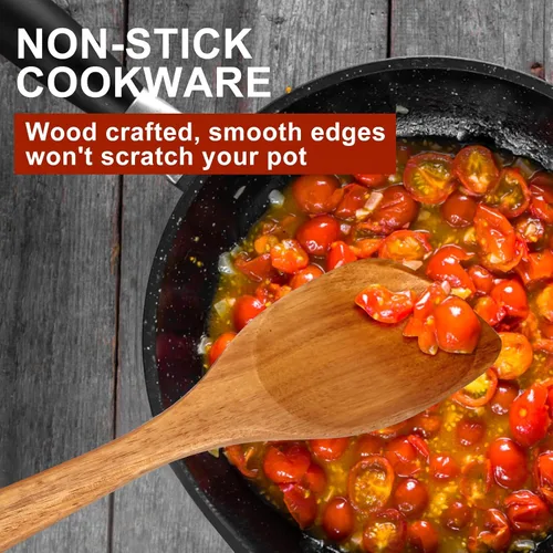 Vista 2 de Cucharas de madera para cocinar espátula no tóxica utensilios de cocina de madera de acacia Best Large Cooking Spoon for Mixing Serving Non Stick
