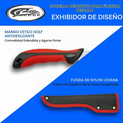 Vista 4 de SZCO Cuchillo de filete de 12.5 pulgadas, cuchillo de pesca rojo con mango ABS, hoja de filete y funda de acero inoxidable, cuchillo de chef