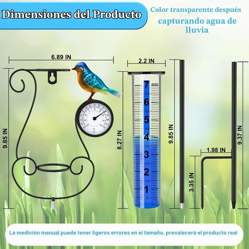 Vista 2 de Pluviómetro para exterior, pluviómetro digital de gran tamaño y color con colibrí metálico y termómetro & higrómetro, altura ajustable, gran
