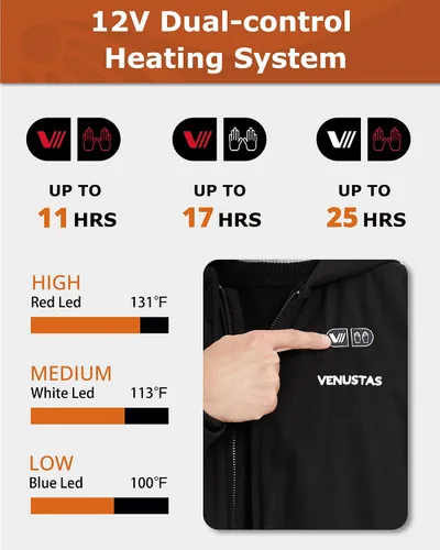 Vista 3 de Venustas 12V Men's Dual-Control Heated Canvas Jacket with Battery, Winter Heated Work Jacket, Electirc Heated Hoodie Jacket