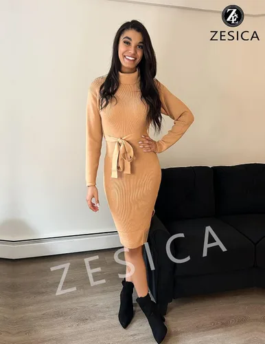 Vista 73 de ZESICA - Vestido por debajo de la rodilla de suéter, de cuello alto, para mujer, de manga larga, de punto acanalado, con abertura y cinturón