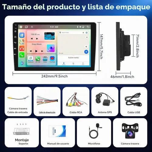 Vista 7 de 6G+128G 8-Core Android Estéreo de coche de doble DIN de 10.1 pulgadas con pantalla táctil IPS, Carplay inalámbrico, Android Auto, radio de coche