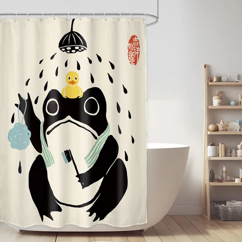 Vista 43 de Juego Divertido de Cortina de Rana Retro para Ducha, Juego de Baño 48x71 Pulgadas, Estilo Asiático Lindo, Arte Japonés Tradicional de Pato de Goma