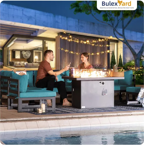 Vista 5 de BULEXYARD - Sofá modular de aluminio para exteriores con mesa para fogata, 7 piezas, color verde azulado