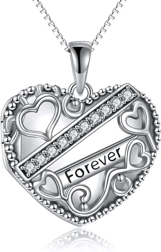 Vista 7 de URONE Collar con colgante de medallón de corazón para mujer, plata de ley, diseño de amor por siempre, soporte para fotos, regalo de joyería
