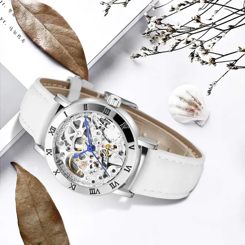 Vista 6 de Relojes para mujer, reloj mecánico automático de cuerda automática para mujer, reloj de pulsera Steampunk con correa de reloj de cuero genuino