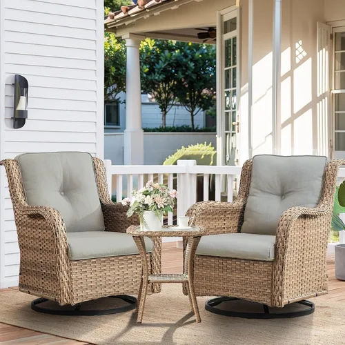 Vista 27 de HUMMUH Juego de 2 Sillas Giratorias Mecedoras de Mimbre para Patio Exterior, Juego de Muebles de Sillas Mecedoras de Ratán (Marrón, Azul) 50,000