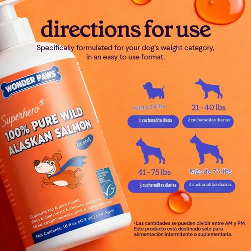 Vista 5 de Aceite de salmón salvaje de Alaska prémium para perros, aceite de pescado salvaje de Alaska certificado MSC para piel y abrigo, cadera