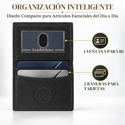 Vista 4 de Leatherboss Cartera Bifold Delgada de Cuero Genuino Porta Tarjetas de Crédito, Débito e ID Compacta y Elegante con Ventanas Transparentes