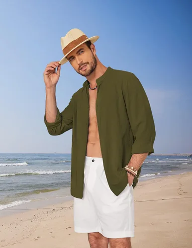 Vista 3 de COOFANDY Camisa de lino para hombre, manga larga, ajuste regular, con botones, informal, para la playa, sin cuello