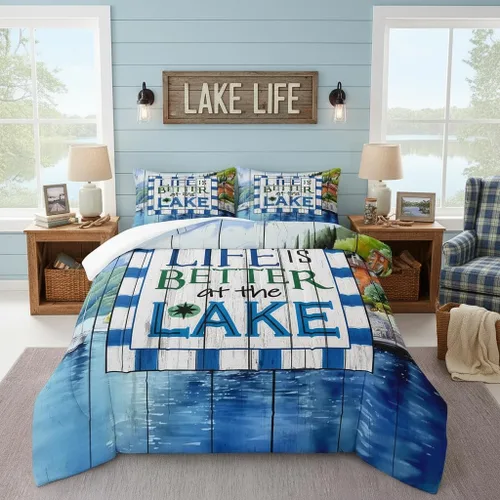 Vista 54 de Lake House - Juego de edredón tamaño individual, juego de ropa de cama rústica de granja vieja de 2 piezas para niños, adolescentes y adultos