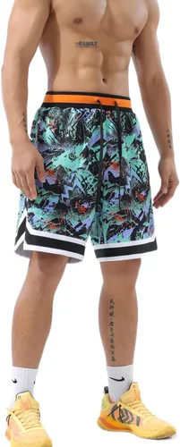 Vista 5 de Pantalones cortos de baloncesto para hombre, grandes y altos, con bolsillos con cremallera, cordones y cordones para entrenamiento atlético