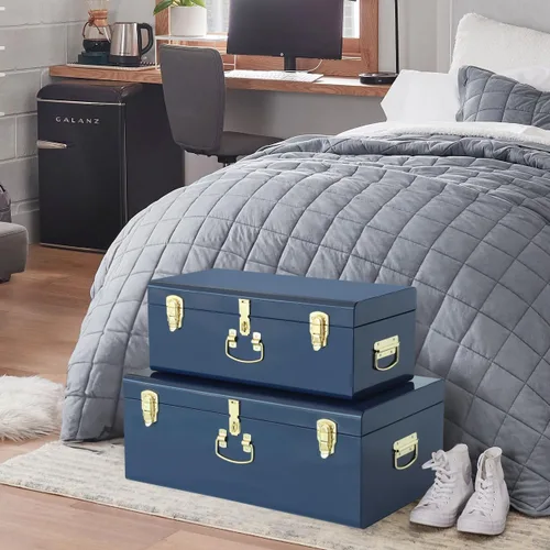 Vista 7 de Vixdonos Juego de 2 baúles decorativos de metal grande, organizador de dormitorio universitario con cerrojos y asa para decoración del hogar, 23.7 x