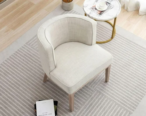 Vista 4 de Silla de barril beige con marco de madera maciza, silla decorativa redonda pequeña, cómoda silla de lino para sala de estar