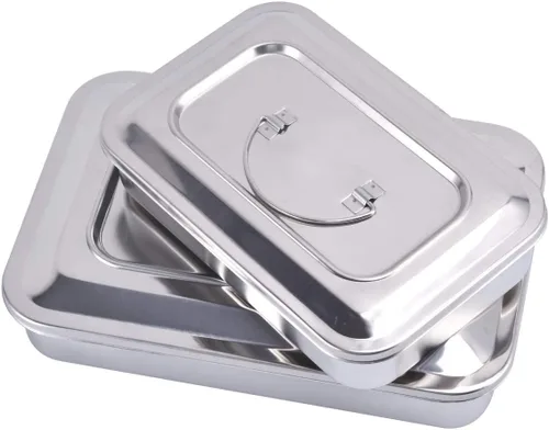 Vista 7 de Bandejas quirúrgicas médicas de acero inoxidable para instrumentos dentales, organizador de bandeja de esterilización, bandejas con tapa y asa