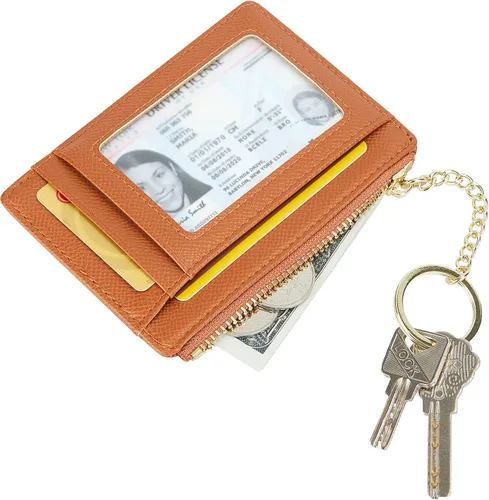 Vista 9 de Tarjetero delgado minimalista para mujer, monedero, monedero, llavero con bolsillo frontal con ventana de identificación