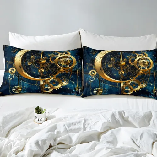 Vista 4 de Manfei Gears - Sábana bajera ajustable tamaño individual, funda de cama dorada con 1 funda de almohada, estilo steampunk, 2 piezas para decoración
