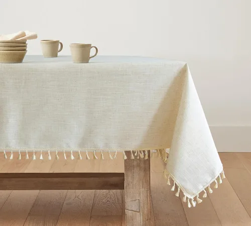 Vista 5 de Mantel rectangular de lino beige crema para comedor y cocina, mantel rectangular de arpillera de lino con borlas, resistente, rústico, campestre