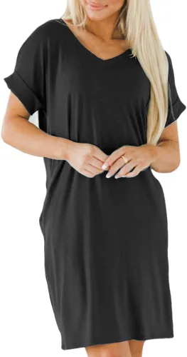 Vista 2 de Ecolley Vestidos casuales de verano sueltos para mujer con bolsillos, cuello en V, vaporoso, vestido de playa, manga con puños, cómodo
