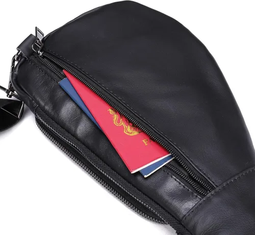 Vista 5 de Bolso bandolera para hombres y mujeres pequeño de cuero auténtico mochila cruzada de un hombro mochila cruzada para senderismo Negro