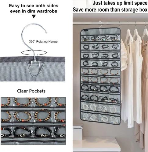Vista 5 de Organizador de joyas colgante de 80 bolsillos para guardar joyas, soporte de exhibición de accesorios de doble cara para aretes, pulseras y anillos