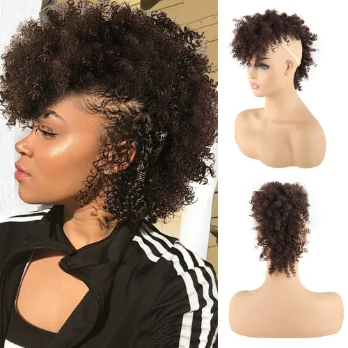 Vista 10 de KRSI Cola de caballo de pelo alto afro con flequillo, moño sintético rizado Mohawk Kinkys rizado cola de caballo con clip en colas de caballo