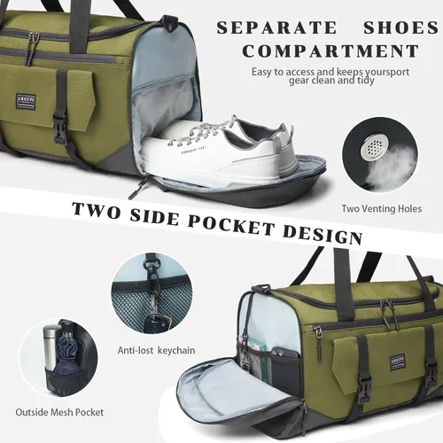 Vista 3 de Bolsas de gimnasio para hombres y mujeres con compartimento para zapatos y bolsa deportiva de bolsillo húmedo, A-TG-002-Verde