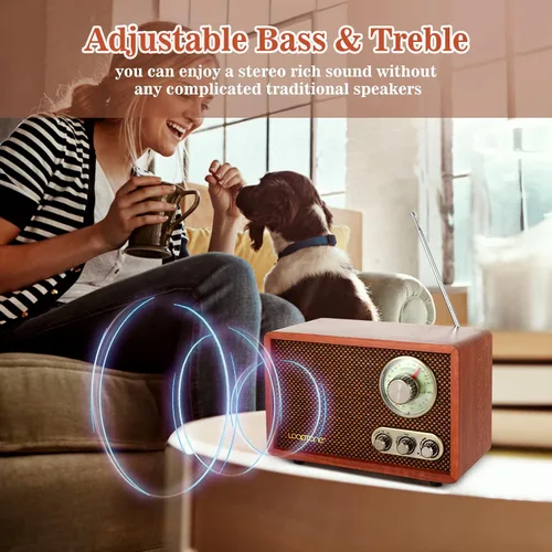 Vista 5 de Radio vintage AM FM multifunción USB SD con altavoz Bluetooth, radio de mesa de madera retro para cocina, sala de estar con perilla giratoria