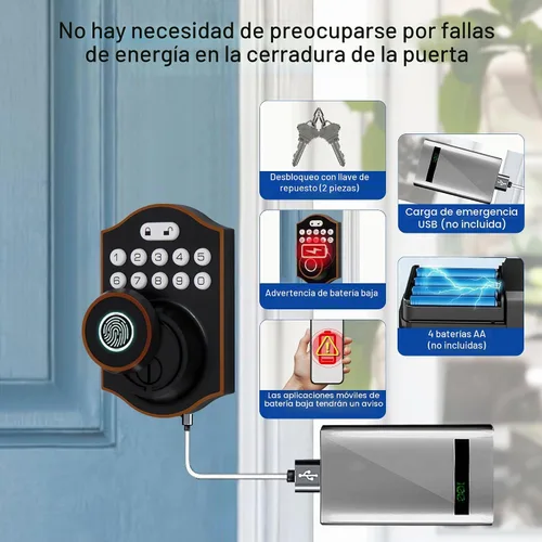 Vista 6 de Cerradura inteligente de puerta de huellas dactilares, cerrojo de entrada sin llave con teclado electrónico, control de aplicación Bluetooth