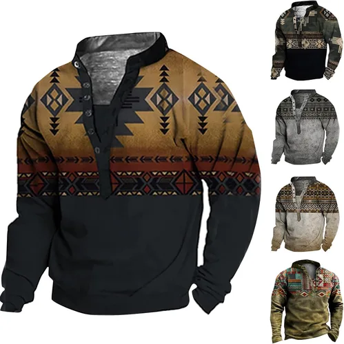 Vista 3 de FIRERO Sudadera con estampado azteca occidental para hombre, con botones, cuello alto, 6 botones, estilo vintage, sin botones