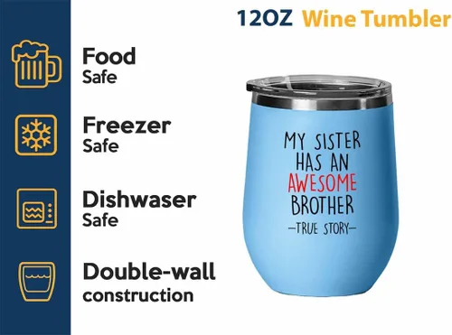 Vista 2 de Vaso de vino Sister Blue Edition de 12 onzas – Brother Story – Family Squad Fam Thank You Gift Hermanos Padres Abuelos Divertido sobrino Hermana