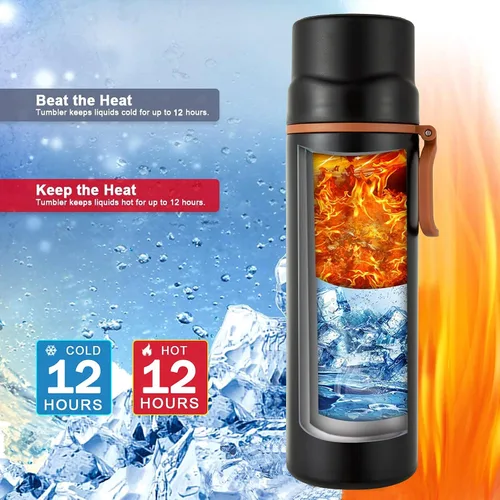 Vista 5 de Botella de agua aislada, taza de café al vacío de acero inoxidable con asa, taza de viaje deportiva de doble pared con tapa a prueba de fugas