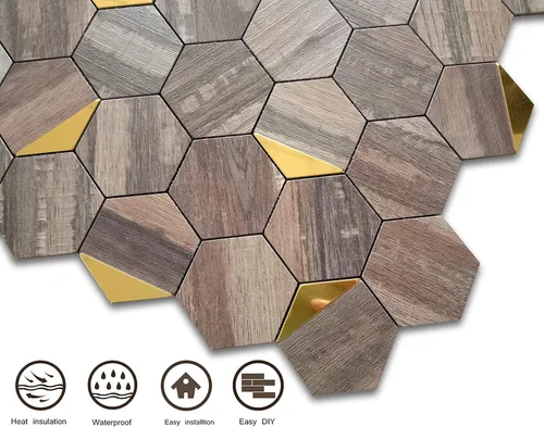 Vista 6 de Azulejos de pared de PVC para cocina, baño, adhesivo de aluminio hexagonal autoadhesivo, 12 x 10.4 x 0.15 pulgadas (10, madera marrón y dorado)
