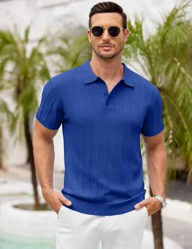 Vista 55 de COOFANDY Camisas polo de punto para hombre de manga corta con textura acanalada Camisas de golf casuales y ligeras con cuello Camiseta de polo